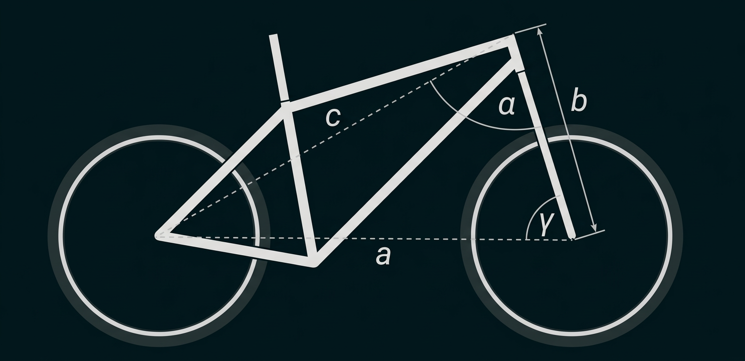 Skizze eines Fahrrads mit markierten Strecken a, b, c und Winkeln α und γ.